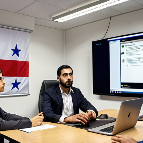 Home 15 ** A diverse group of employees participating in a cybersecurity training session. The instructor is pointing to a screen displaying a phishing email example, highlighting suspicious elements. The setting is a modern office environment in Chile. Include Chilean flags subtly in the background. The overall tone should be informative and engaging.
**