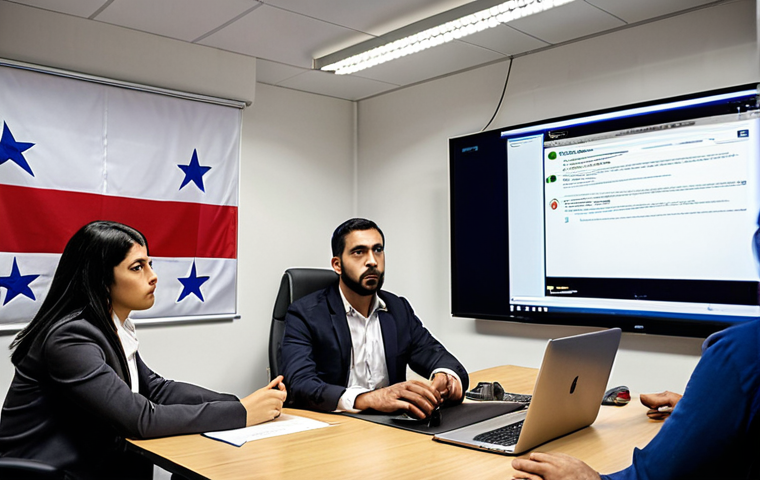 ** A diverse group of employees participating in a cybersecurity training session. The instructor is pointing to a screen displaying a phishing email example, highlighting suspicious elements. The setting is a modern office environment in Chile. Include Chilean flags subtly in the background. The overall tone should be informative and engaging.
**
