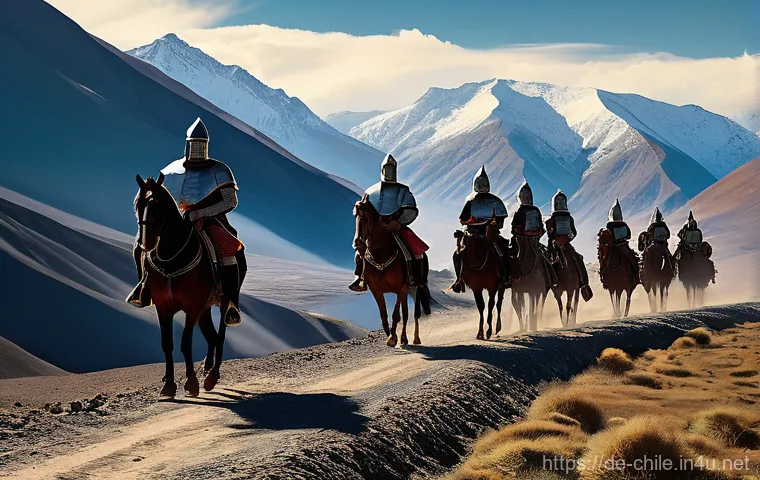 칠레와 스페인 식민지 역사 - **Prompt:** A dramatic scene depicting the arrival of the first Spanish conquistadors in a rugged, m...