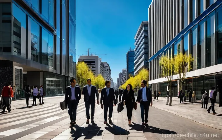 칠레의 노동 시장과 실업률 - **Dynamic Chilean Workforce in Santiago**
A vibrant, wide-angle street photography shot capturin...