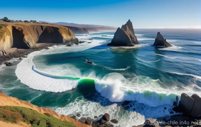 칠레 해변 휴양지 추천 - **"A breathtaking wide-angle landscape shot of the rugged Chilean Pacific coastline, showcasing the ...