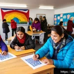 Home 14 칠레 내 난민 문제와 국제 관계 - A vibrant community center in Chile bustling with diverse refugees and local Chilean residents engag...