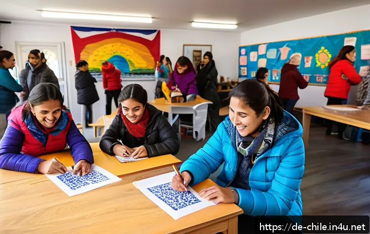칠레 내 난민 문제와 국제 관계 - A vibrant community center in Chile bustling with diverse refugees and local Chilean residents engag...