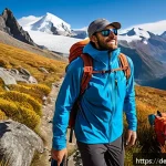 Home 19 칠레에서 등산할 때 필요한 준비물 - A detailed scene of a hiker trekking in the Chilean Andes wearing layered breathable hiking clothes ...