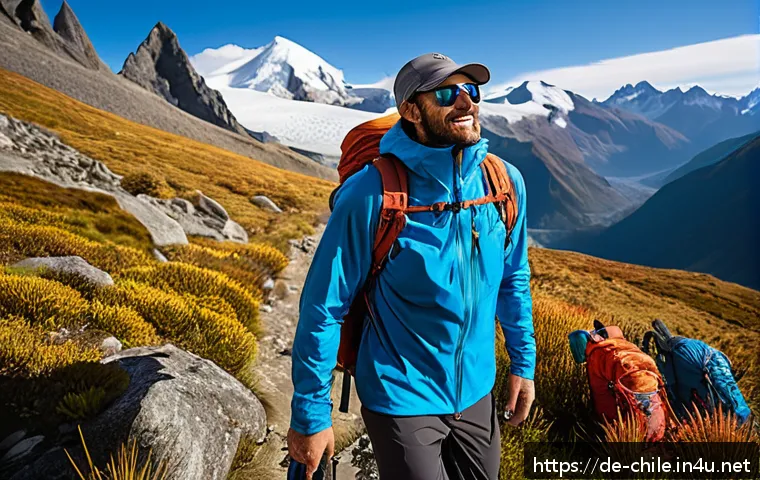칠레에서 등산할 때 필요한 준비물 - A detailed scene of a hiker trekking in the Chilean Andes wearing layered breathable hiking clothes ...