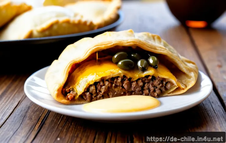 칠레 국민 간식 에마파나다 - Photorealistic close-up of freshly baked Chilean empanadas arranged on a rustic wooden table, one go...