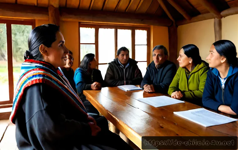칠레 원주민 인권 문제 - Photorealistic documentary-style scene of Mapuche community representatives in traditional woven pon...