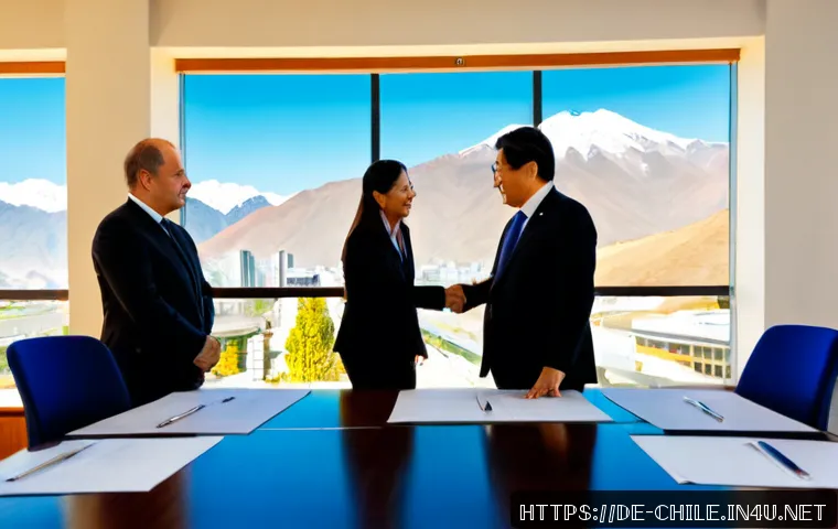 칠레에서 한국 기업의 진출 사례 - Photorealistic modern business meeting in Santiago, Chile, showing a diverse Chilean and Korean corp...