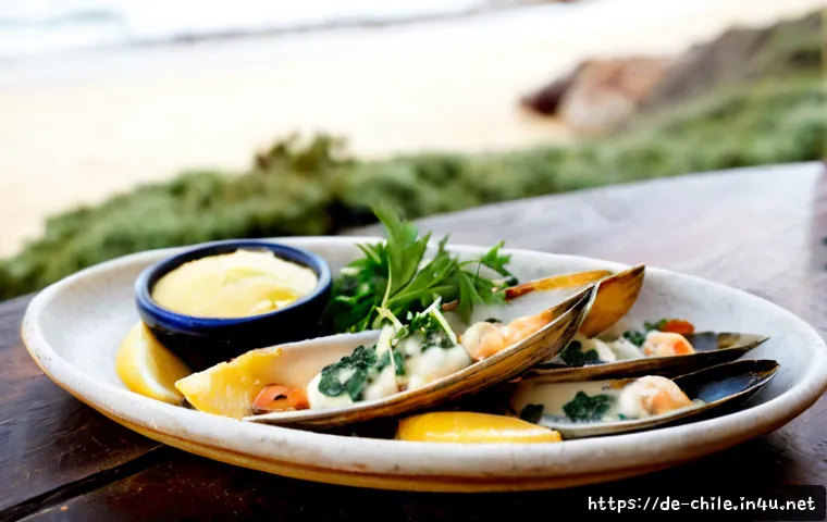 Home 17 칠레 대표 해산물 요리 - Photorealistic Chilean seafood dinner featuring machas a la parmesana, tender razor clams baked in t...